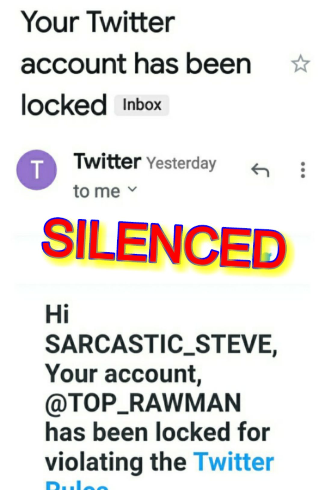 Your Twitter account has been locked nbox SARCASTIC_STEVE Your account TOP_RAWMAN has been locked for violating the Twitter w
