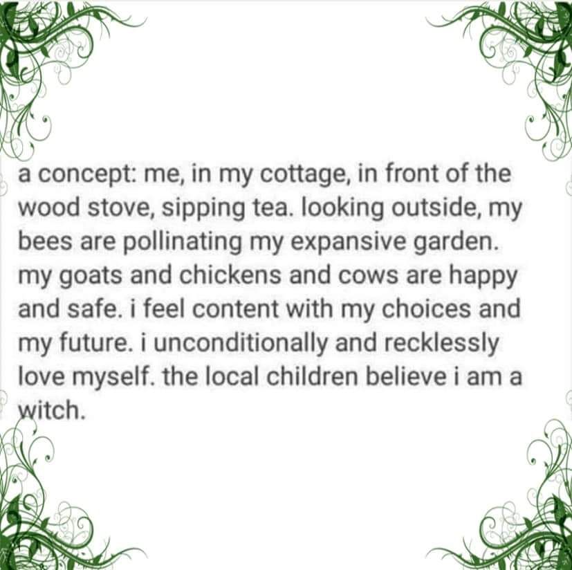 a concept me in my cottage in front of the wood stove sipping tea looking outside my bees are pollinating my expansive garden my goats and chickens and cows are happy and safe i feel content with my choices and my future i unconditionally and recklessly love myself the local children believe i am a witch