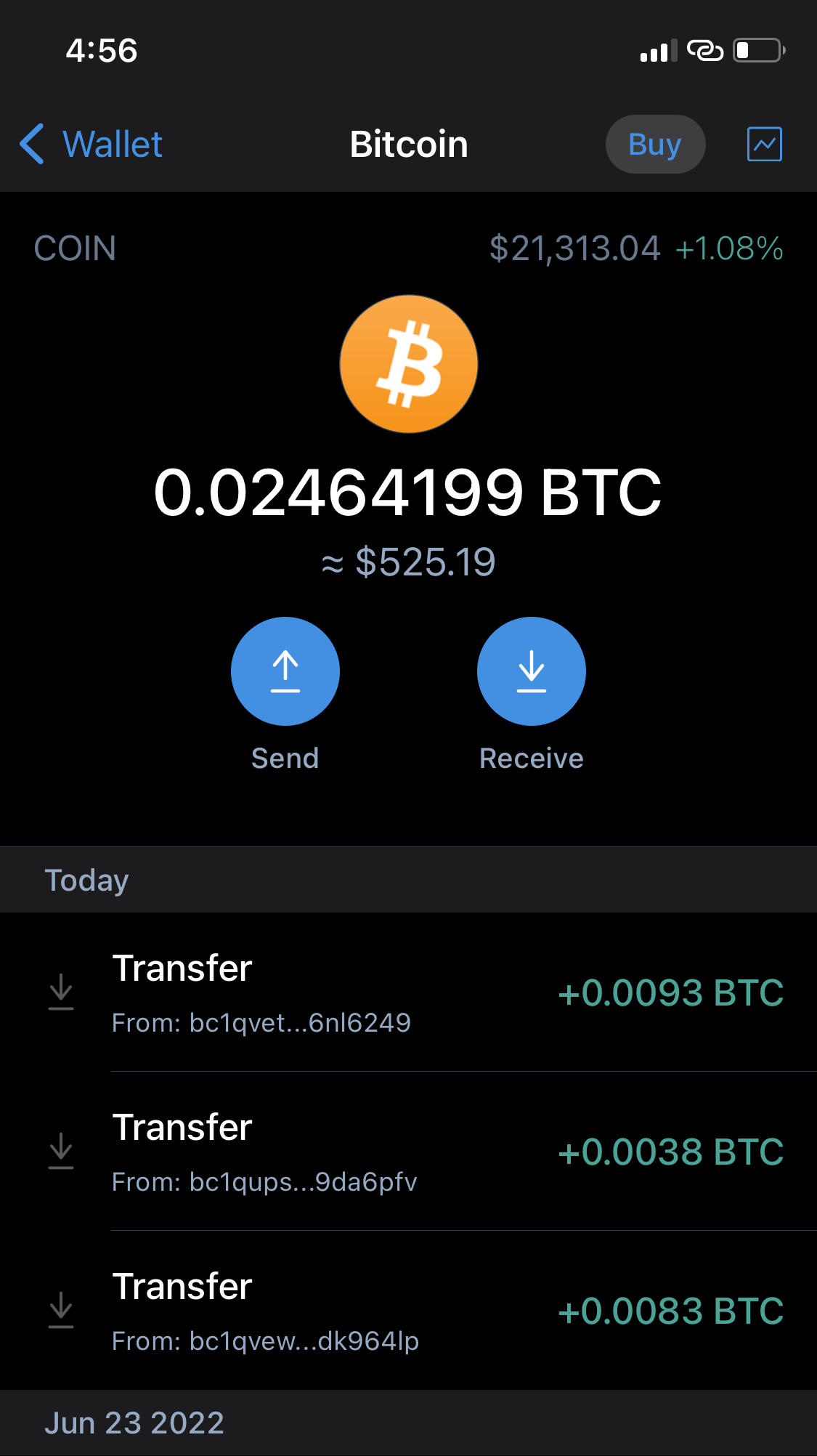 456 al 8 Wallet Bitcoin elel 2131304 108 002464199BTC 52619 send Receive o j Transtor 00093 BTC From bclgvet6nl6249 g Transfer 00038 BTC From belqups9dabpfy Transfer 00083 BTC From belgewdk964Ip Jun 23 2022