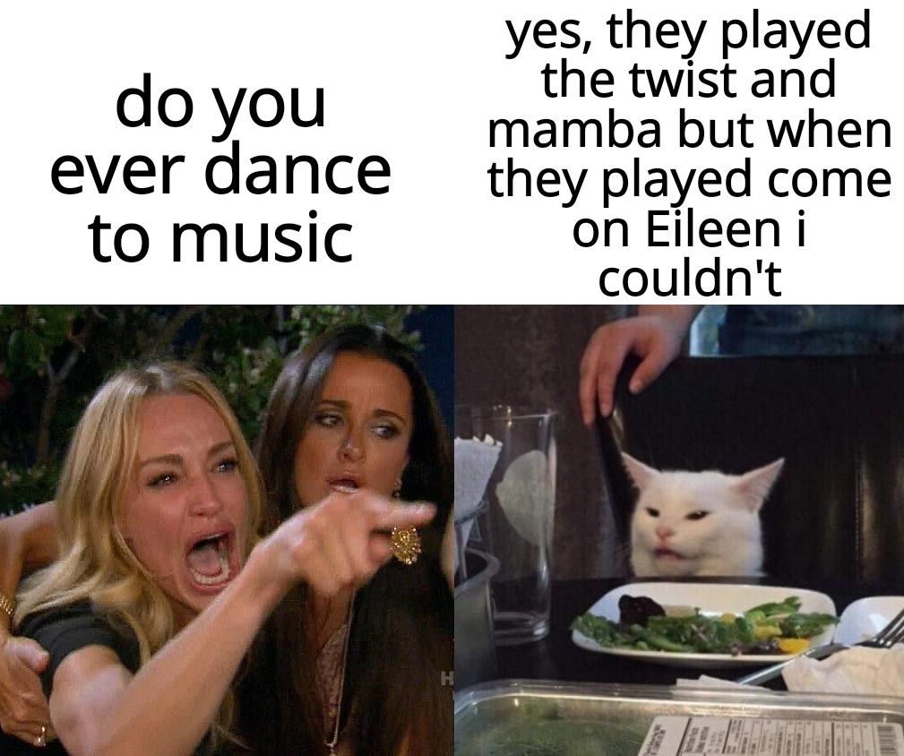 do you ever dance to music yes they played the twist and mamba but when they played come on Eileen i couldnt