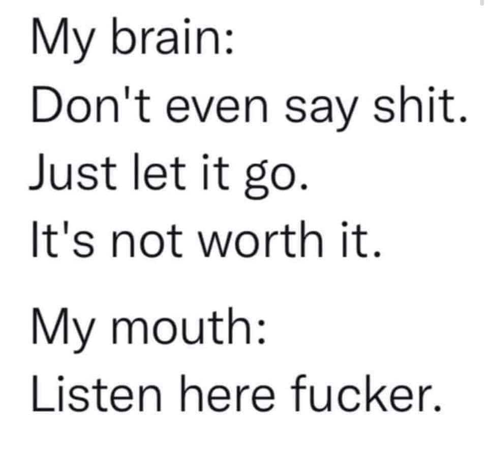 My brain Dont even say shit Just let it go Its not worth it My mouth Listen here fucker