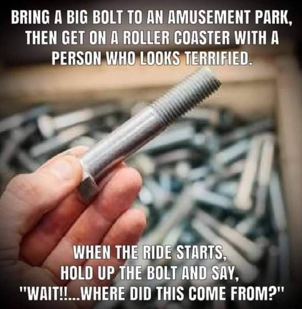 BRING A BIG BOLT TOAN AMUSEMENT PARK THEN GET ON A ROLLER COASTER WITI A PEHSCI