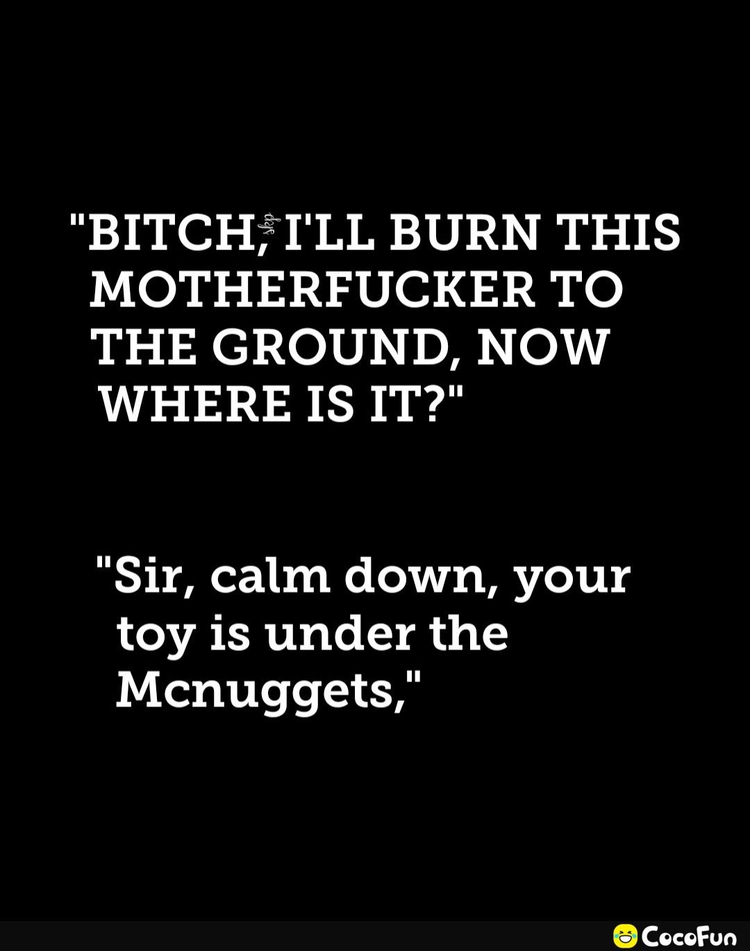 BITCHILL BURN THIS MOTHERFUCKER TO THE GROUND NOW WHERE IS IT Sir calm down your toy is under the Mcnuggets CocoFun