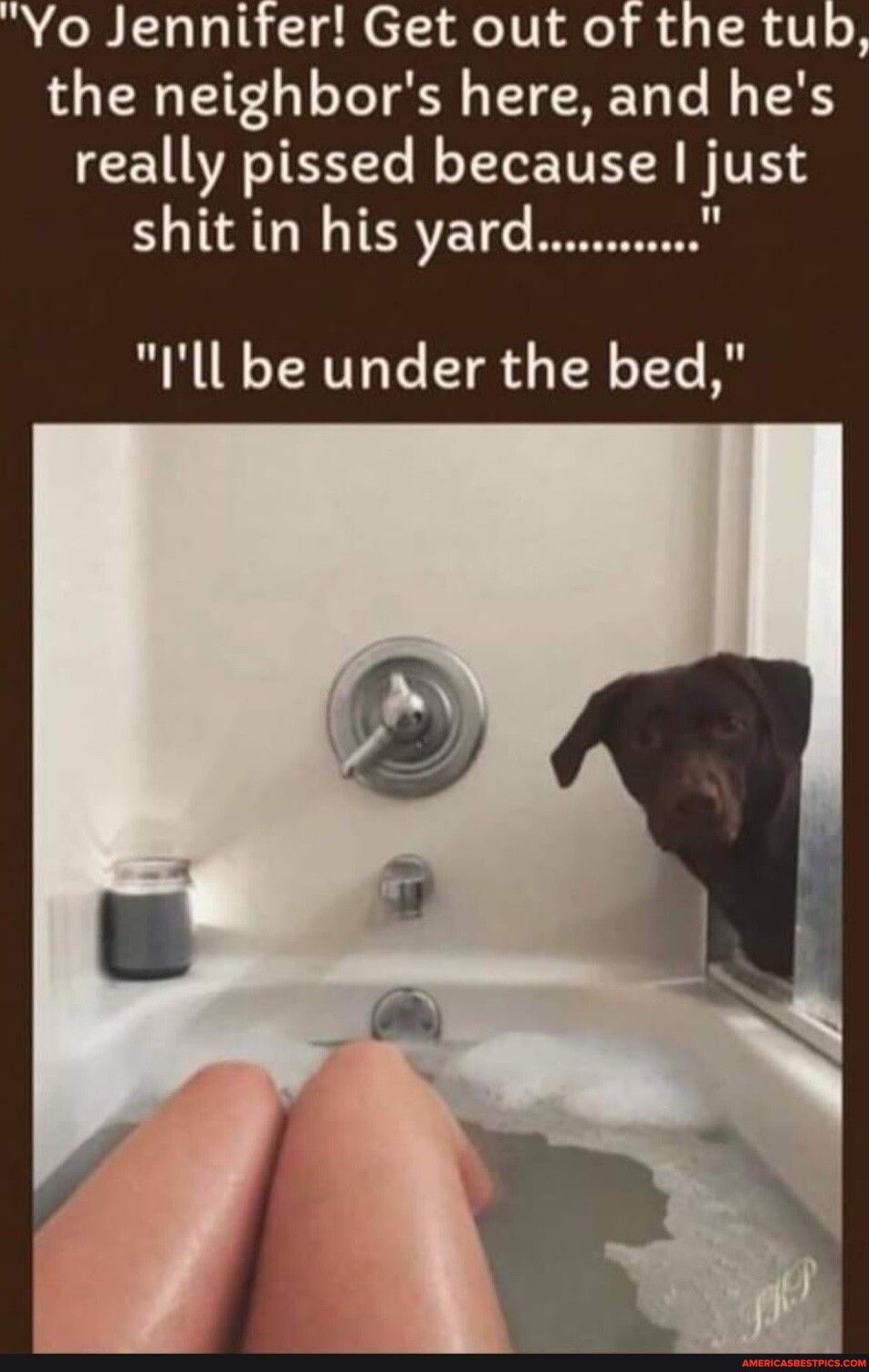 the neighbors here and hes really pissed because just shit in his yard Ill be under the bed
