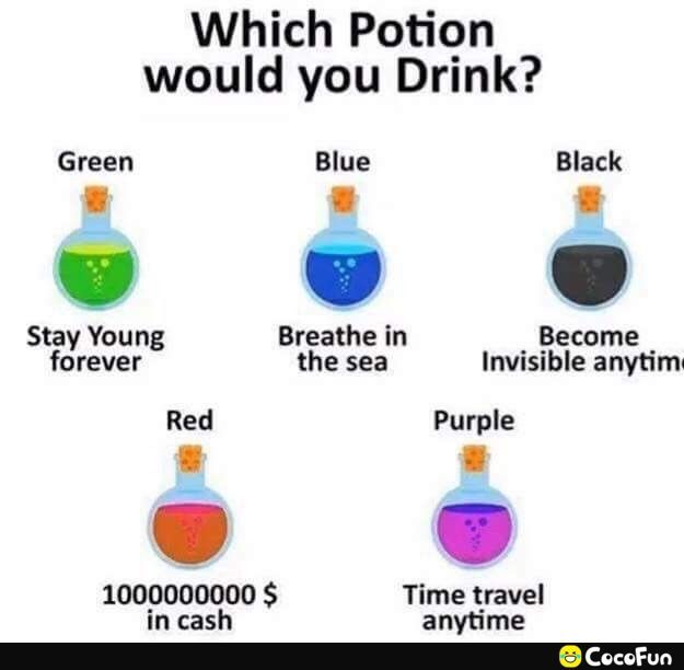 Which Potion would you Drink Green Blue Black w o Stay Young Breathe in Become forever the sea Invisible anytim Red Purple 1000000000 Time travel in cash anytime