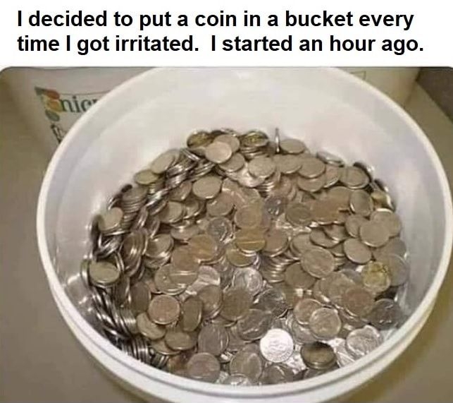 decided to put a coin in a bucket every time got irritated started an hour ago