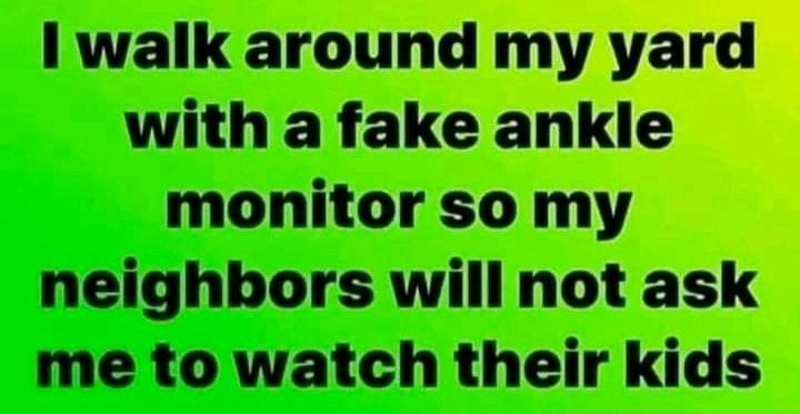I walk around my yard with a fake ankle monitor so my neighbors will not ask me to v EEGDIJLTCE