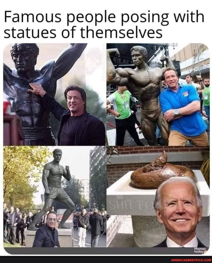 Famous people posing with statues of themselves