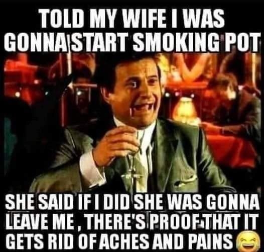 TOLD MY WIFE WAS GONNASTART SMUIIIIGIIJ el N b b i SHE SAID IFI DIDSHE WAS GOIINA LEAVE ME THERES PIIOIJFTHII IT GETS RID OFACHES AND PAINS
