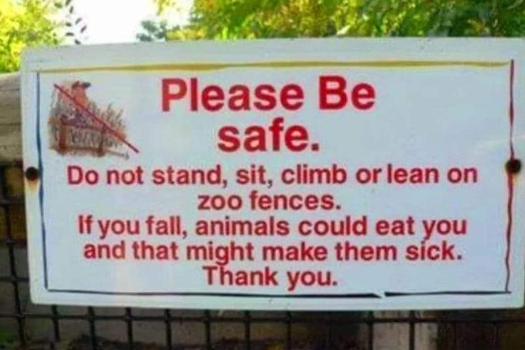 Please Be safe zoo fences Ifyou fall animals could eat you and that might make them sick Do not stand sit climb orlean on r Thank you