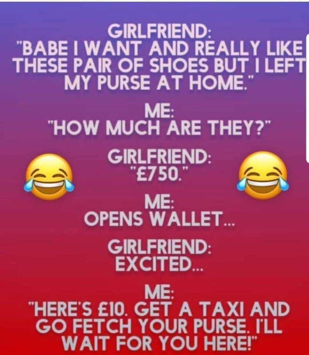 GIRLFRIEND BABE WANT AND REALLY LIKE THESE PAIR OF SHOES BUT LEF MY PURSE AT HOME ME HOW MUCH ARE THEY GIRLFRIEND S ME OPENS WALLET GIRLFRIEND EXCITED ME HERES 10 GET A TAXI AND GO FETCH YOUR PURSE ILL Lol olVh y