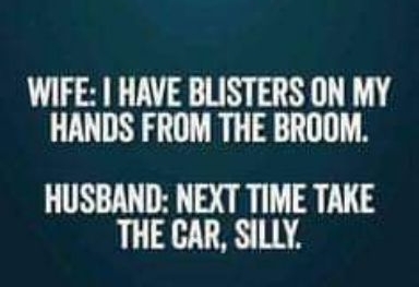 WIFE HAVE BLISTERS ON MY HANDS FROM THE BROOM HUSBAND NEXT TIME TAKE THE CAR SILLY