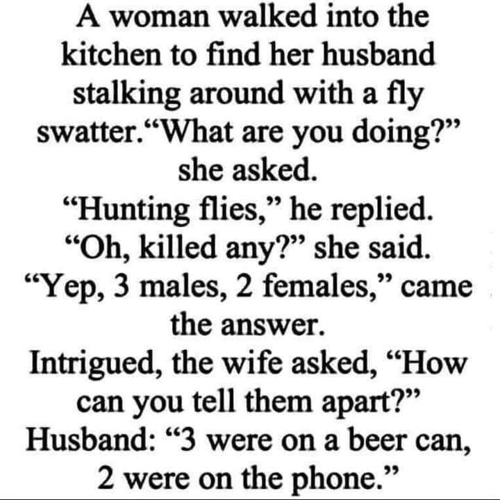 A woman walked into the kitchen to find her husband stalking around with a fly swatterWhat are you doing she asked Hunting flies he replied Oh killed any she said Yep 3 males 2 females came the answer Intrigued the wife asked How can you tell them apart Husband 3 were on a beer can 2 were on the phone T amewicasaesTmes con
