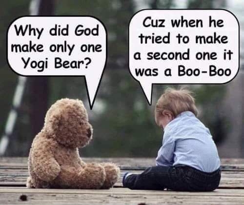 Cuz when he tried to make a second one it Why did God make only one Yogi Bear