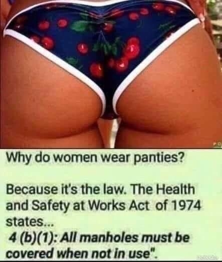 Why do women wear panties Because its the law The Health and Safety at Works Act of 1974 states 4 b1 All manholes must be covered when not in use