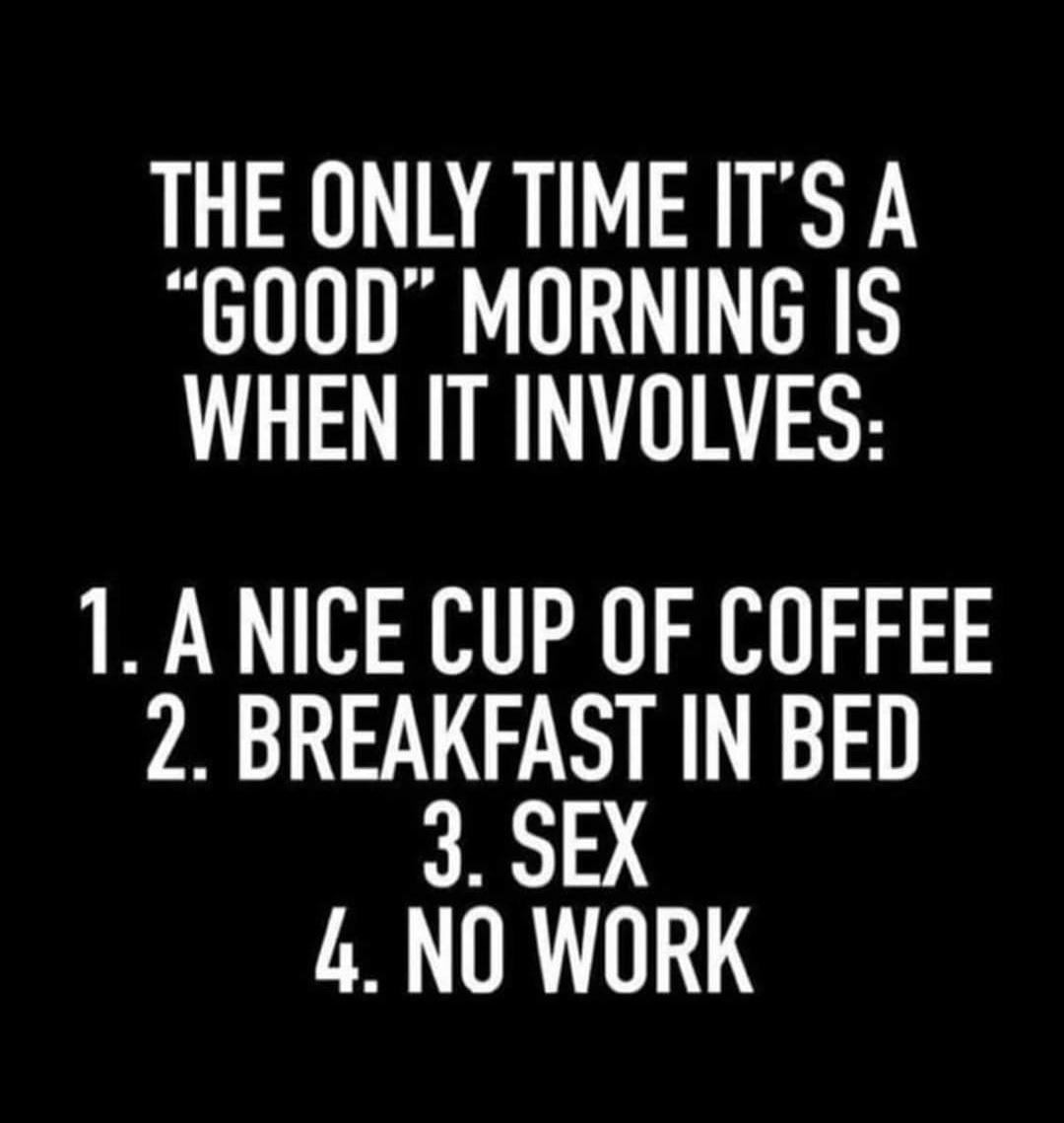 THE ONLY TIME ITS A G00D MORNING IS WHEN IT INVOLVES 1 ANICE CUP OF COFFEE 2 BREAKFAST IN BED 3 SEX 4 NO WORK