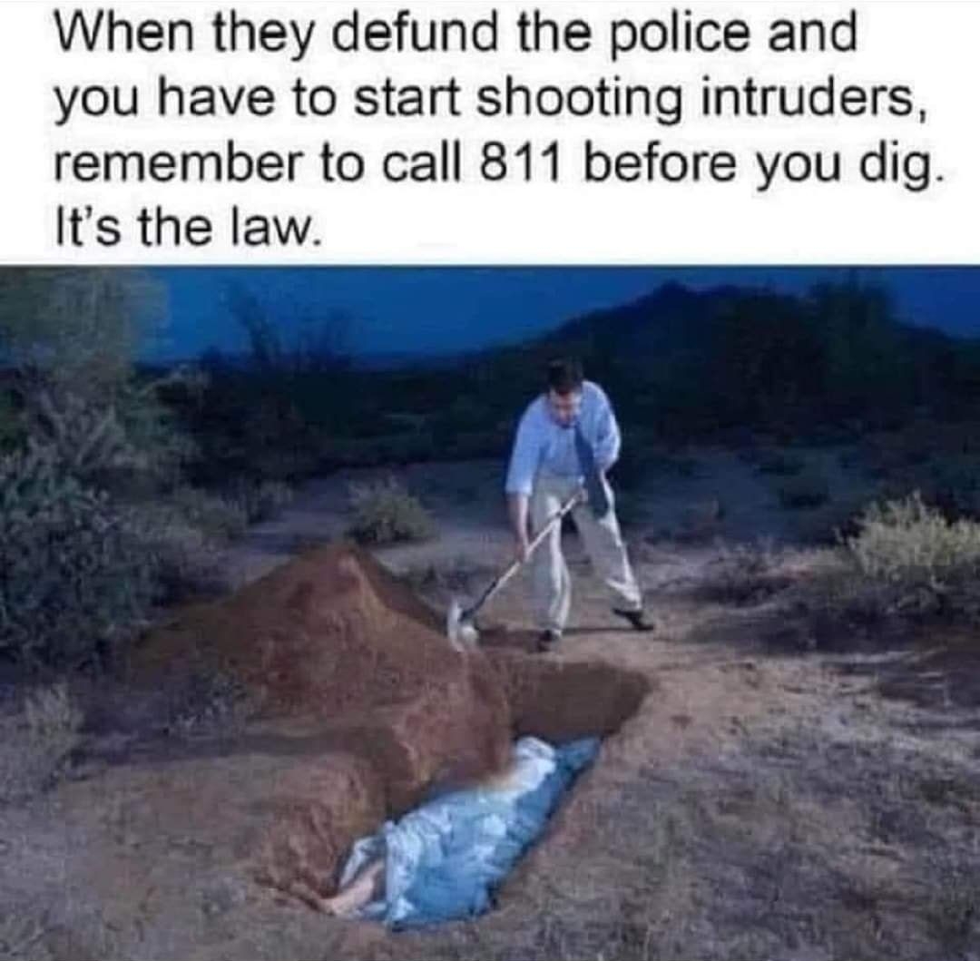 When they defund the police and you have to start shooting intruders remember to call 811 before you dig Its the law