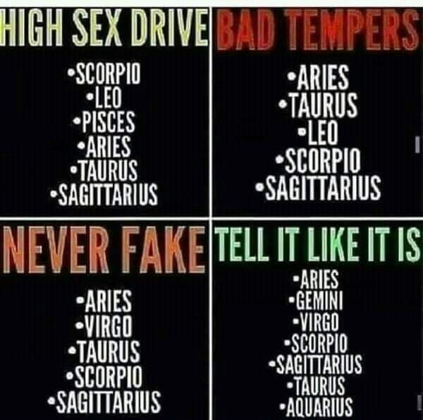 HIGH SEX DRIVE S0 TERPERS SCORPID ARIES PSS TAURUS ARIES 1 T TAURUS SCORPID SAGITTARIUS QYL NEVER FAKETELLIT LIKE IT IS 2 o I R s Y H T AQUARIUS CocoFun