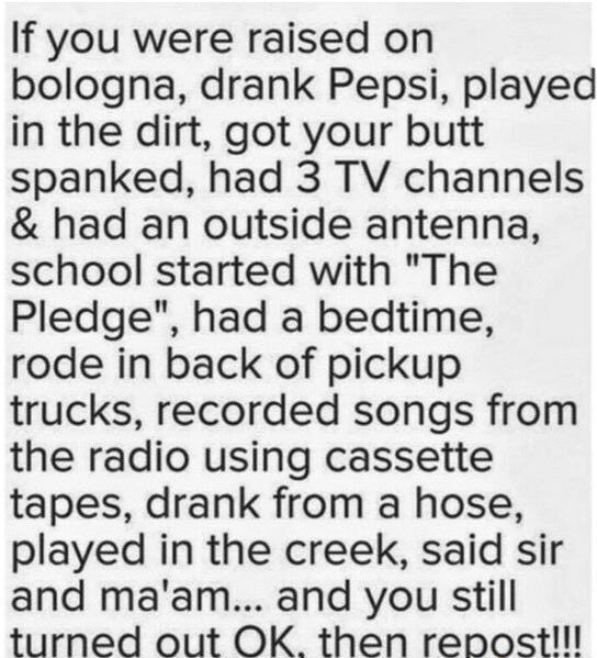 If you were raised on bologna drank Pepsi played in the dirt got your butt spanked had 3 TV channels had an outside antenna school started with The Pledge had a bedtime rode in back of pickup trucks recorded songs from the radio using cassette tapes drank from a hose played in the creek said sir and maam and you still 111