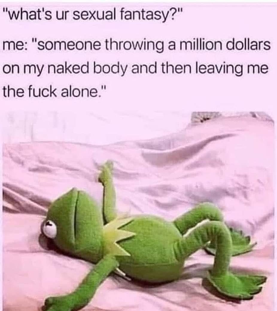 whats ur sexual fantasy me someone throwing a million dollars on my naked body and then leaving me the fuck alone