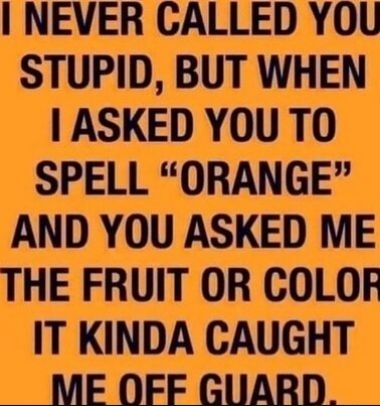 NEVER CALLED YOU STUPID BUT WHEN ASKED YOU TO SPELL ORANGE AND YOU ASKED ME THE FRUIT OR COLOR IT KINDA CAUGHT __ME OFF GUARD _