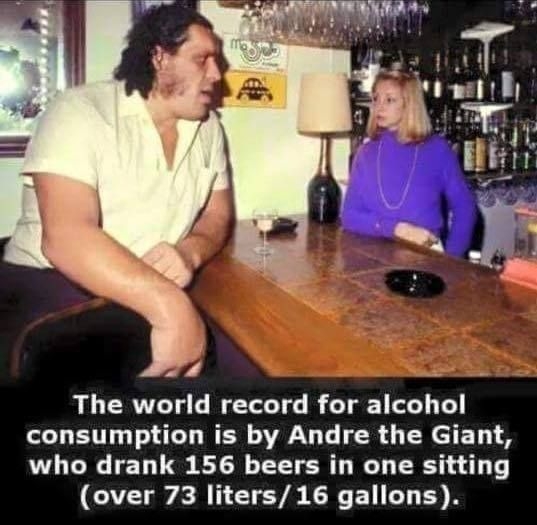 SN The world record for alcohol consumption is by Andre the Giant who drank 156 beers in one sitting over 73 liters 16 gallons CocoFun