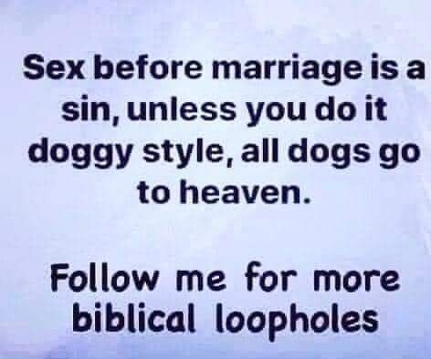 Sex before marriageis a sin unless you do it doggy style all dogs go to heaven Follow me for more biblical loopholes
