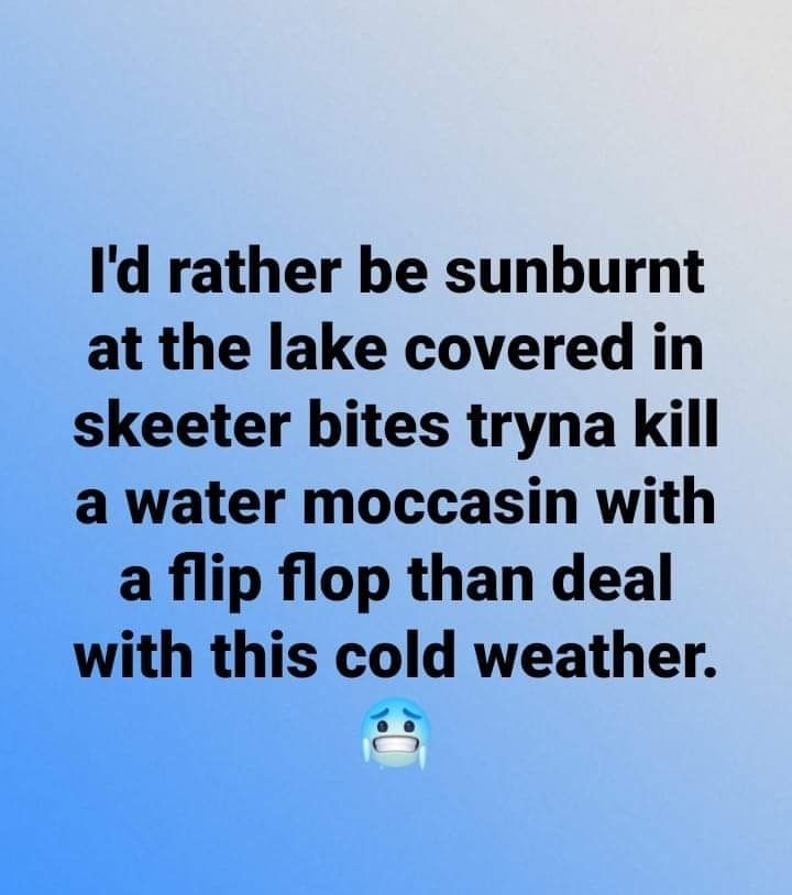 Id rather be sunburnt at the lake covered in skeeter bites tryna kill a water moccasin with a flip flop than deal with this cold weather