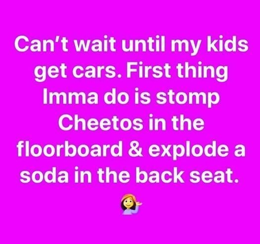 oF T R ANET AT VAo get cars First thing Imma do is stomp Cheetos in the eYoq oToF1 0 RAAY o oTe soda in the back seat