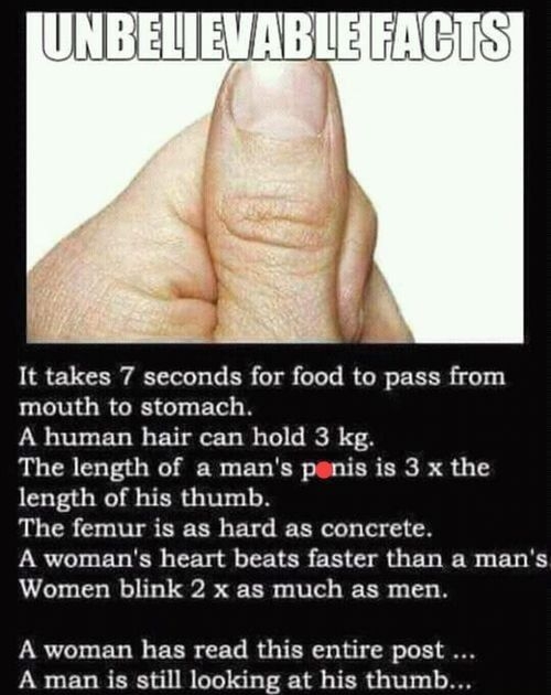 It takes 7 seconds for food to pass from mouth to stomach A human hair can hold 3 kg The length of a mans penis is 3 x the length of his thumb The femur is as hard as concrete A womans heart beats faster than a mans Women blink 2 x as much as men A woman has read this entire post A man is still looking at his thumb
