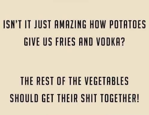 ISNT IT JUST AMAZING HOW POTATOES GIVE US FRIES AND VODKA THE REST OF THE VEGETRBLES SHOULD GET THEIR SHIT TOGETHER