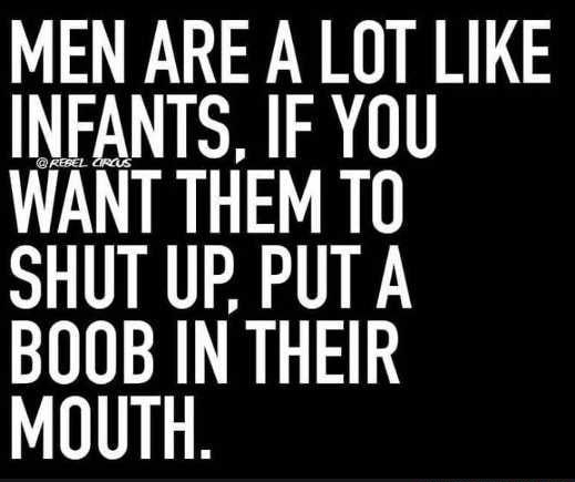 MEN ARE A LOT LIKE INFANTS IF YOU WANT THEM TO SHUT UP PUT A BOOB IN THEIR MOUTH o