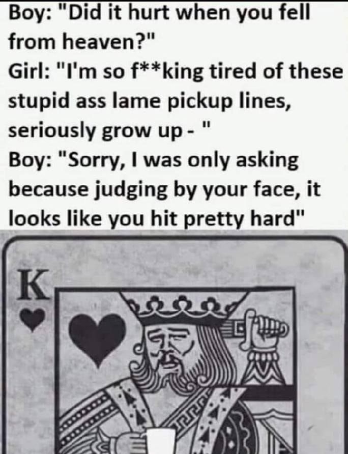 Boy Did it hurt when you fell from heaven Girl Im so fking tired of these stupid ass lame pickup lines seriously grow up Boy Sorry was only asking because judging by your face it looks like you hit pretty hard