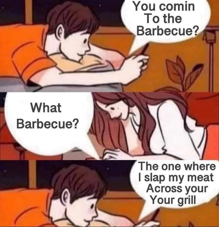 You comin To the Barbecue What Barbecue The one where slap my meat Across your Your grill_d