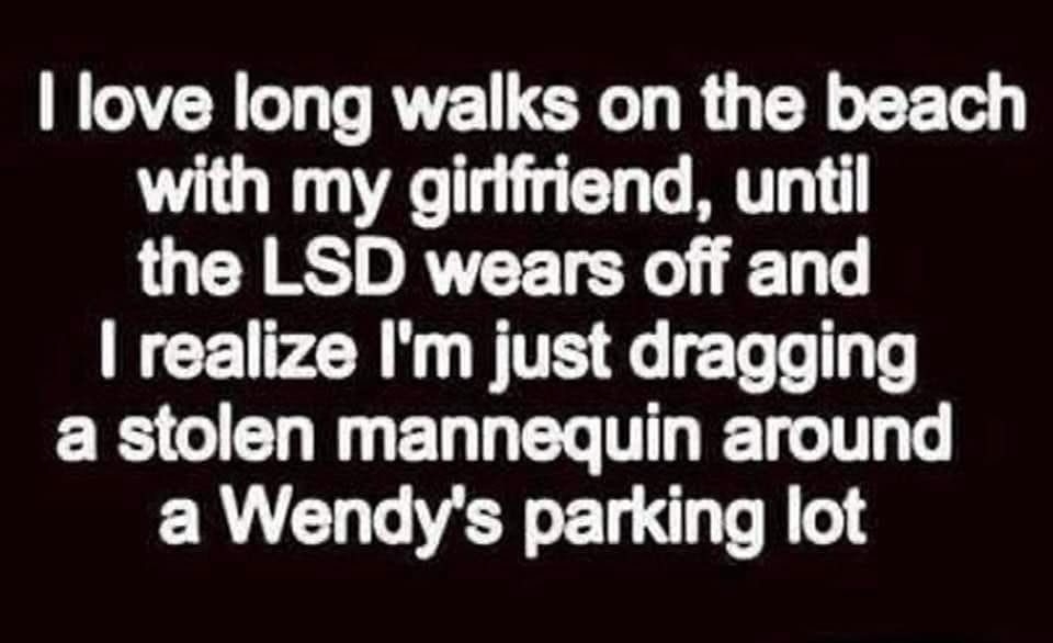 love long walks on the beach with my girifriend until the LSD wears off and realize Im just dragging a stolen mannequin around a Wendys parking lot