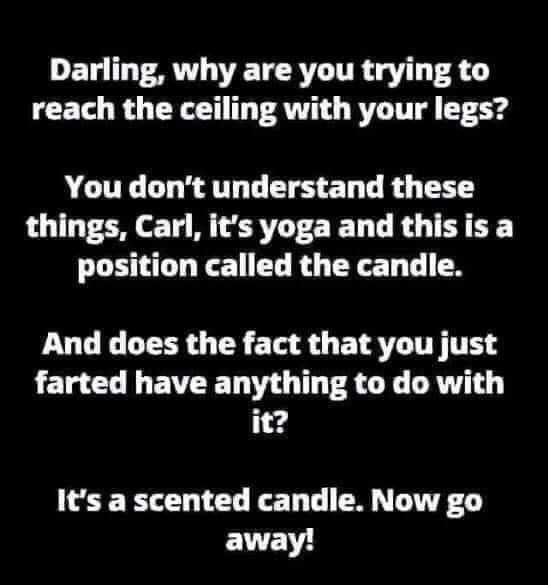 DEL TV SUE TR TR LV T2 0 reach the ceiling with your legs You dont understand these things Carl its yoga and thisis a position called the candle And does the fact that you just farted have anything to do with 154 Its a scented candle Now go EVE