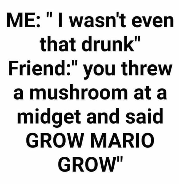ME wasnt even that drunk Friend you threw a mushroom at a midget and said GROW MARIO GROW