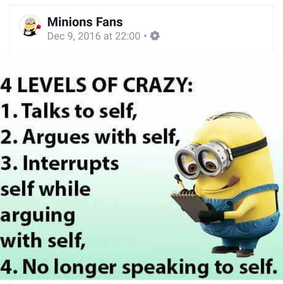 Minions Fans e 010 4 LEVELS OF CRAZY 1Talks to self 2 Argues with self 3 Interrupts self while arguing with self 4 No longer speaking to self