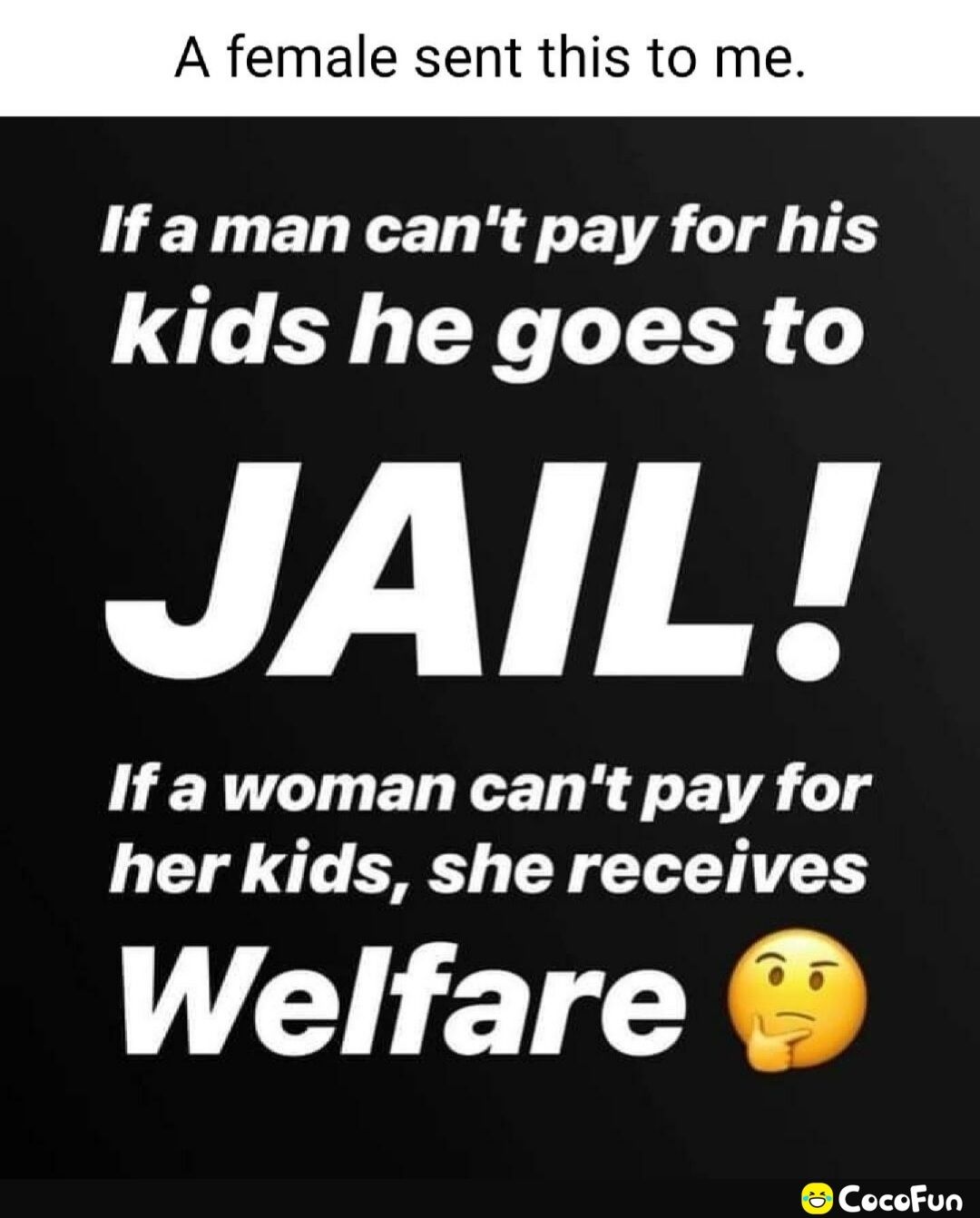A female sent this to me If aman cant pay for his kids he goes to JAIL If a woman cant pay for her kids she receives T ET X CocoFun