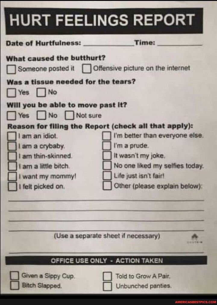 HURT FE GS REPORT Date of Hurtfulness Tim What caused the butthurt D Someone postedt Oflensive picture on the internet tissue needed f D Yes JNo Will you be able to move past t Jyes ONo notsure Reason for filing the Report check all that apply the tears 1 am an idiot m better than everyone eise 1 am a crybaby rmaprude 1 am thin skinned tt wasnt my joke am a ittle bitch L No one tiked my seifies to