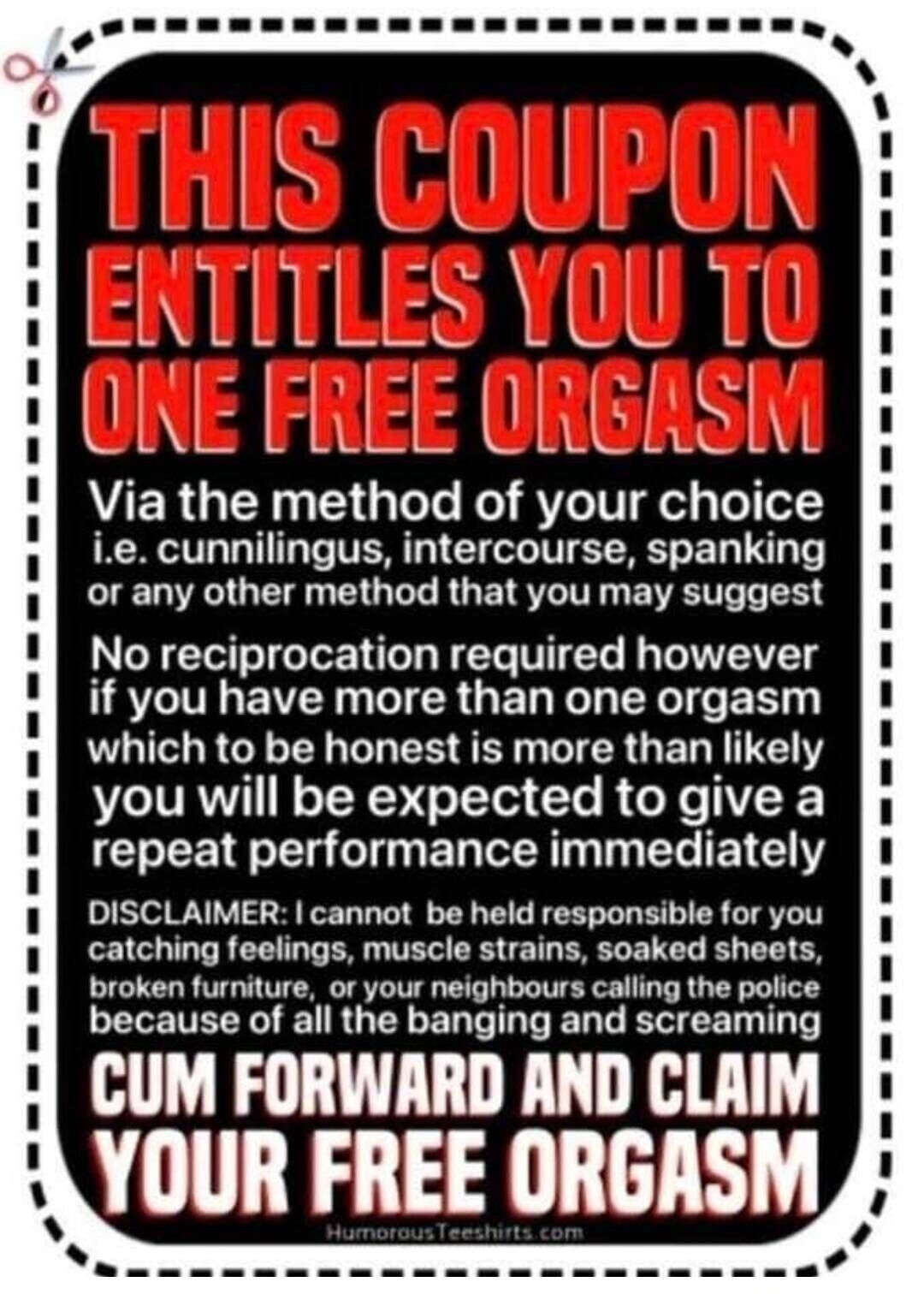 1S COUPOH ENTITLES YOU T N LLLLLHLUL Via the method of your choice ie cunnilingus intercourse spanking or any other method that you may suggest No reciprocation required however if you have more than one orgasm which to be honest is more than likely you will be expected to give a LRl T E TR I ETEL Y DISCLAIMER cannot be held responsible for you catching feelings muscle strains soaked sheets broken