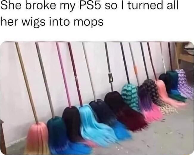 She broke my PS5 so turned all her wigs into mops