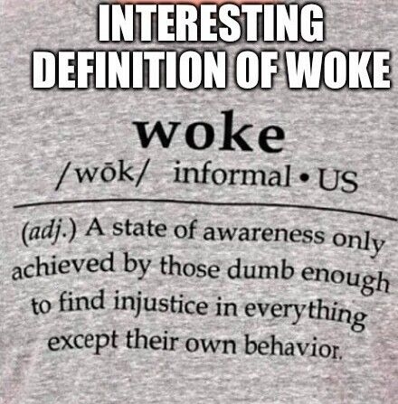 INTERESTING DEFINITIONOEWOKE woke wok informal uUs adj A state of awareness only achieved by those dumb enougp to find injustice in everything except their own behavior