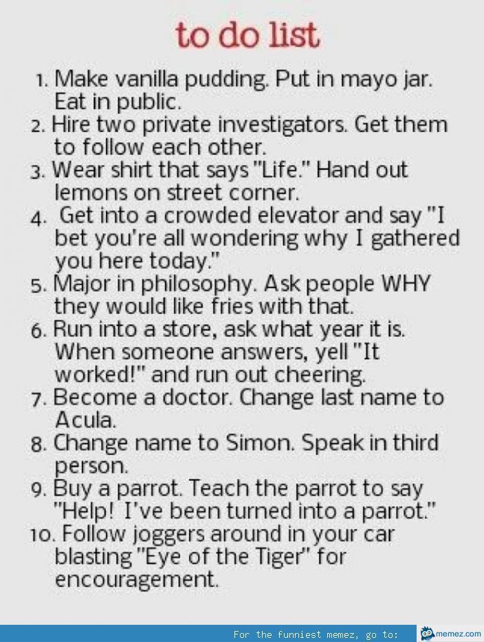 to do list 1 Make vanilla pudding Put in mayo jar Eat in public 2 Hire two private investigators Get them to follow each other 3 Wear shirt that says Life Hand out lemons on street corner 4 Get into a crowded elevator and say 1 bet youre all wondering why I gathered you here today 5 Major in philosophy Ask people WHY they would like fries with that 6 Run into a store ask what year it is When someo