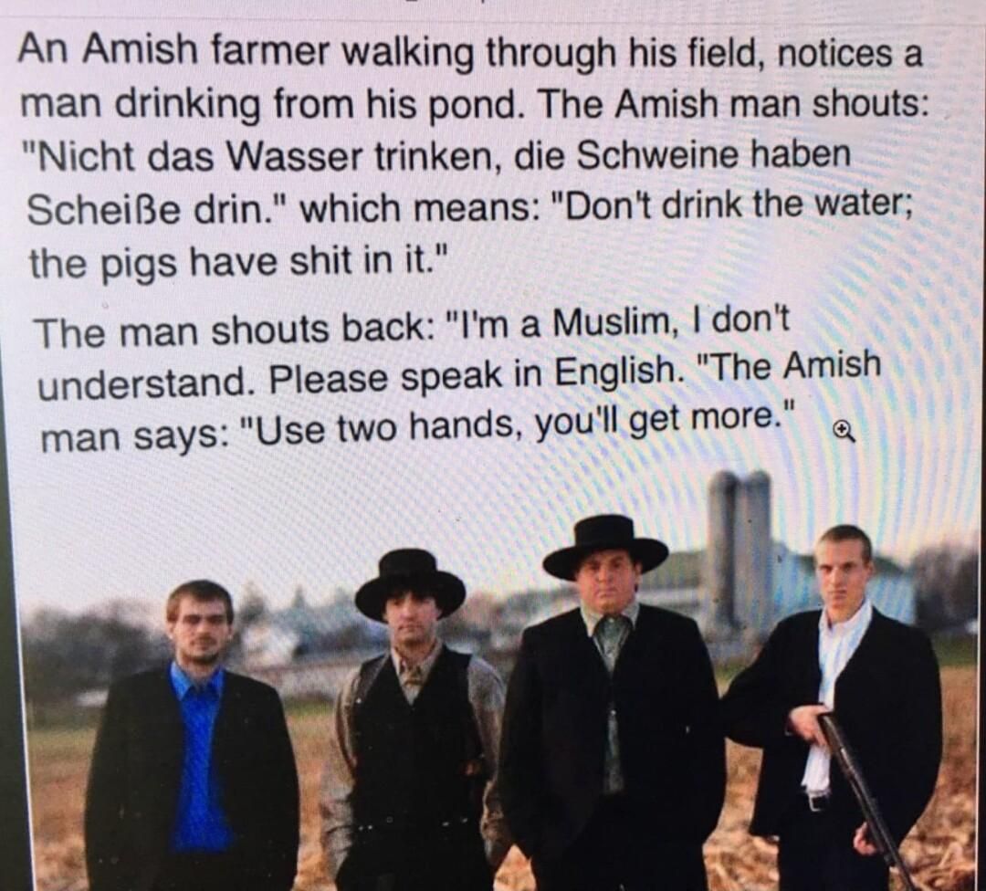 An Amish farmer walking through his field notices a man drinking from his pond The Amish man shouts Nicht das Wasser trinken die Schweine haben ScheiBe drin which means Dont drink the water the pigs have shitin it The man shouts back Im a Muslim dont understand Please speak in English The Amish man says Use two hands youll get more