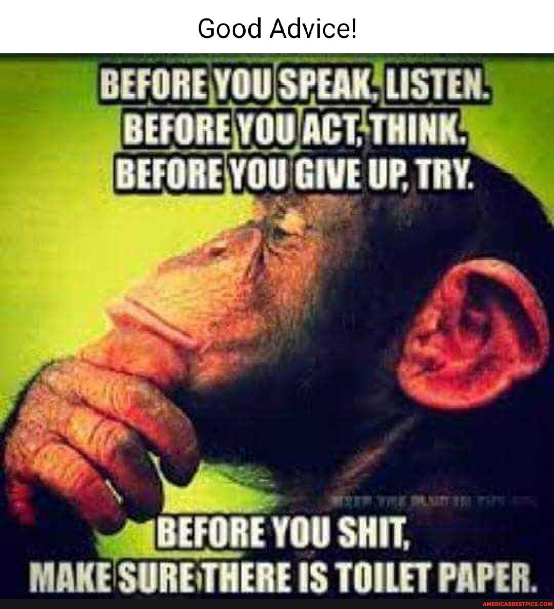Good Advice BEFOREYOUSPEAKLISTEN BEFOBEYIIIAGT THINK BEFOREYOU GIVE UP TRY AY AR MAKESURETHERE IS TOILET PAPER