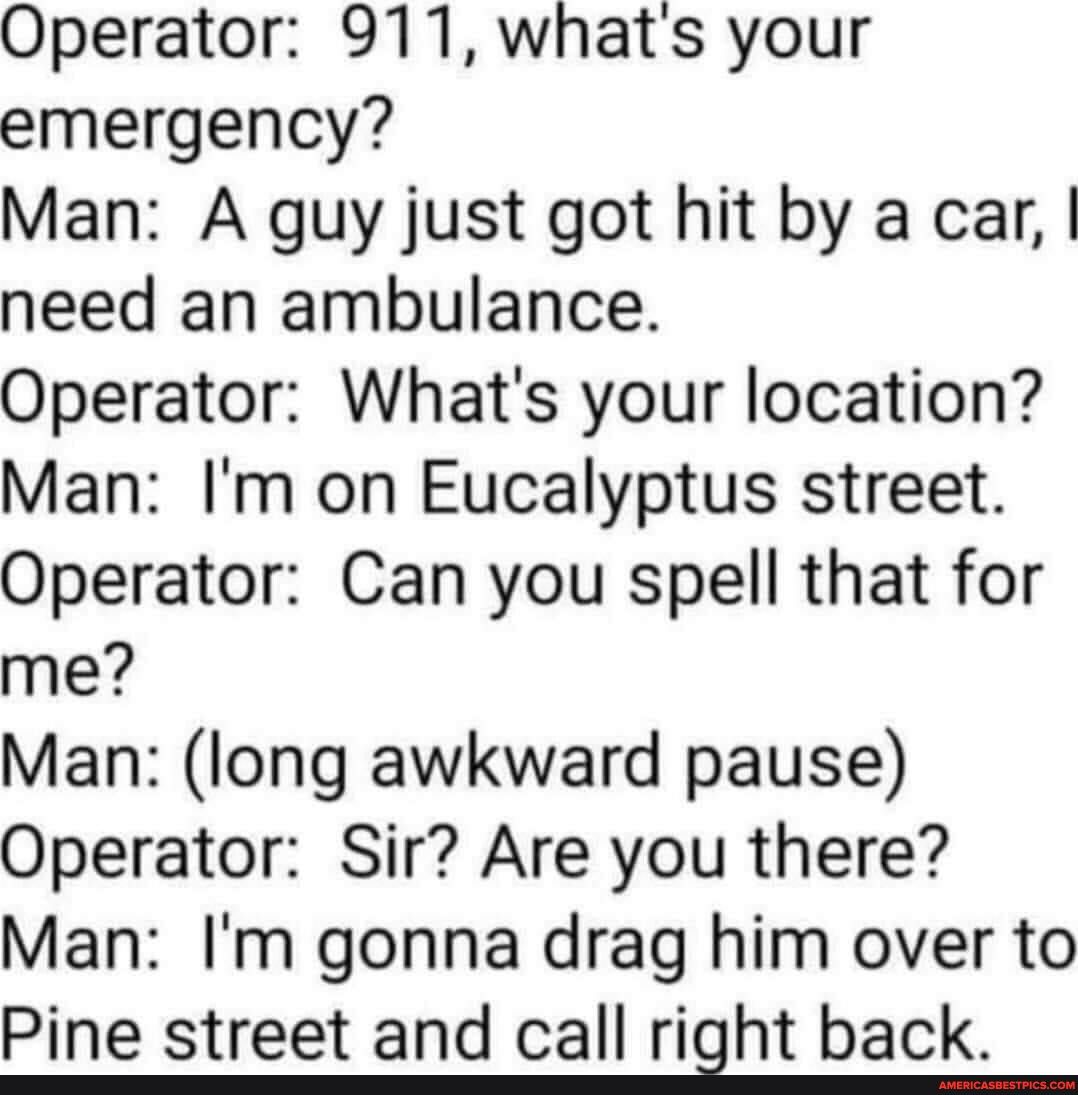 Operator 911 whats your emergency Man A guy just got hit by a car need an ambulance Operator Whats your location Man Im on Eucalyptus street Operator Can you spell that for me Man long awkward pause Operator Sir Are you there Man Im gonna drag him over to Pine street and call right back