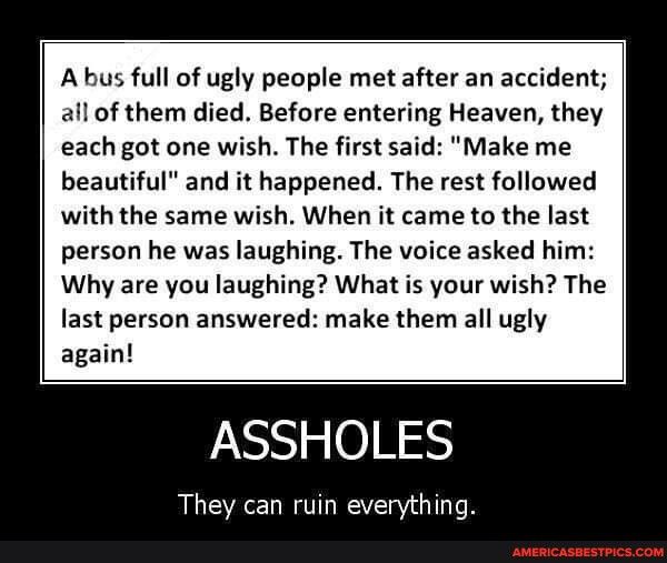 Abus full of ugly people met after an accident all of them died Before entering Heaven they each got one wish The first said Make me beautiful and it happened The rest followed with the same wish When it came to the last person he was laughing The voice asked him Why are you laughing What is your wish The last person answered make them all ugly again ASSHOLES They can ruin everything