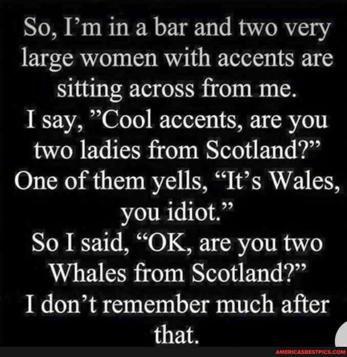 So Im in a bar and two very large women with accents are sitting across from me I say Cool accents are you two ladies from Scotland One of them yells Its Wales you idiot So I said OK are you two Whales from Scotland I dont remember much after that i