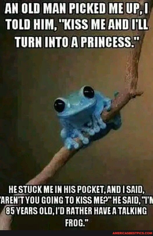 AN OLD MAN PICKED ME UP TOLD HIM KISS MEAND ILL TURN INTO A PRINCESS HESTUCK MEIN HIS POCKET AND SAID ARENT YOU GOING TO KISS MER HE SAID T fsvmns OLD ID RATHER HAVE A TALKING FROG S